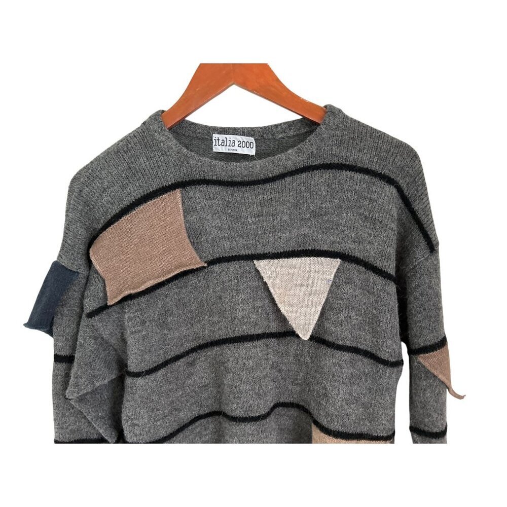 Italia 2000 Gray Patchwork Wool Knit Sweater With… - image 2